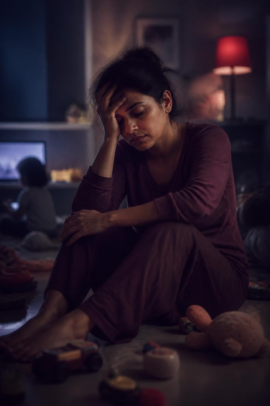 An overwhelmed mother at the end of a long day